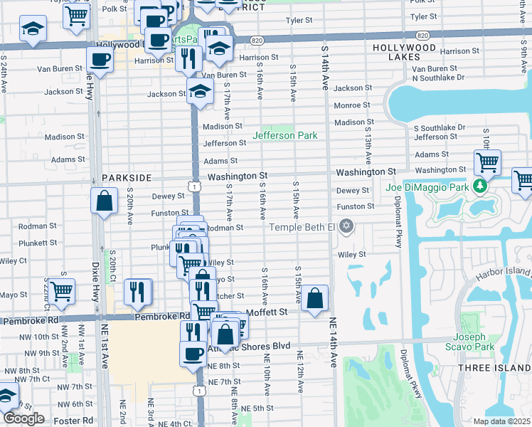 map of restaurants, bars, coffee shops, grocery stores, and more near 1607 Funston Street in Hollywood