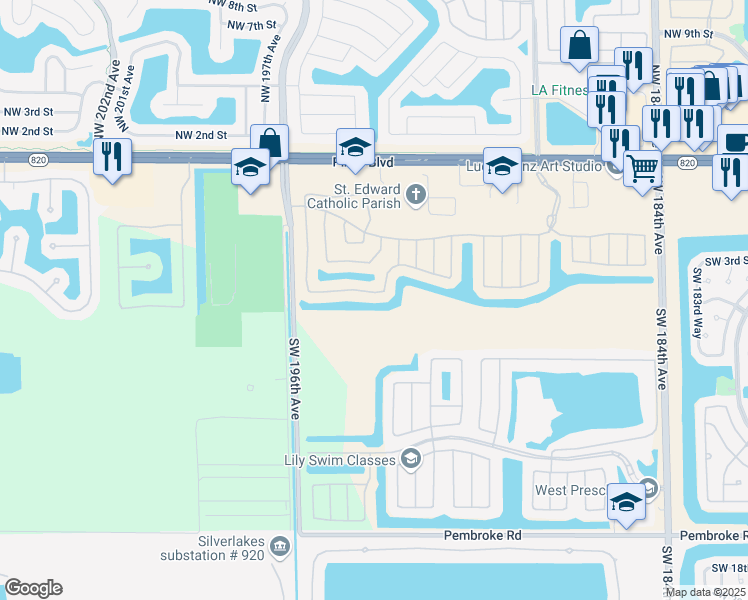 map of restaurants, bars, coffee shops, grocery stores, and more near 19106 Southwest 5th Street in Pembroke Pines