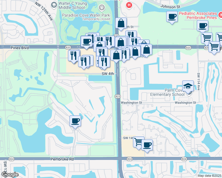 map of restaurants, bars, coffee shops, grocery stores, and more near 650 Southwest 124th Terrace in Pembroke Pines