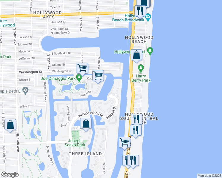 map of restaurants, bars, coffee shops, grocery stores, and more near 1400 Marina Drive in Hollywood