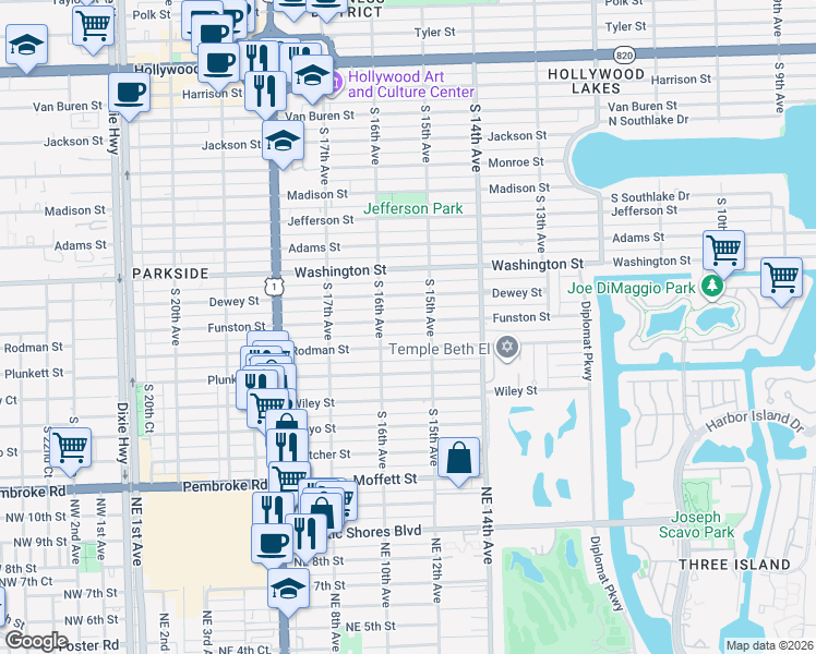 map of restaurants, bars, coffee shops, grocery stores, and more near 1515 Funston Street in Hollywood