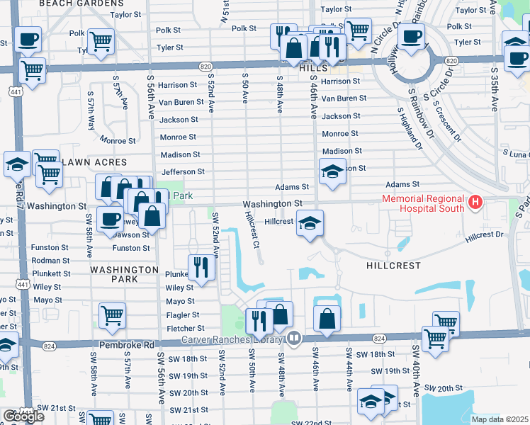map of restaurants, bars, coffee shops, grocery stores, and more near 4950 Washington Street in Hollywood