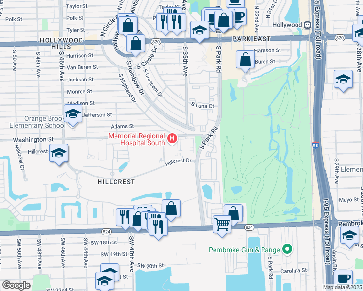 map of restaurants, bars, coffee shops, grocery stores, and more near 3550 Washington Street in Hollywood