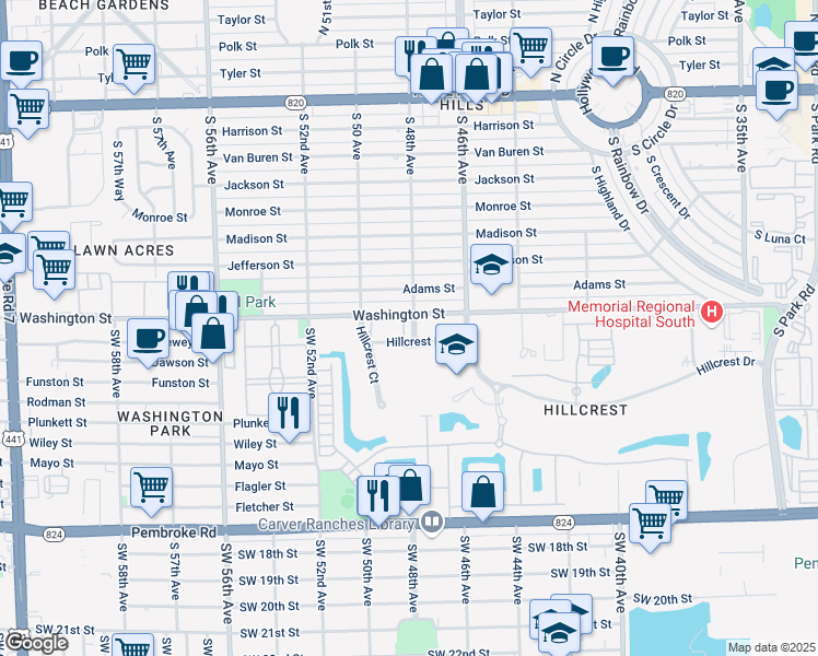 map of restaurants, bars, coffee shops, grocery stores, and more near 4802 Washington Street in Hollywood