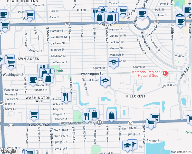 map of restaurants, bars, coffee shops, grocery stores, and more near 4802 Washington Street in Hollywood