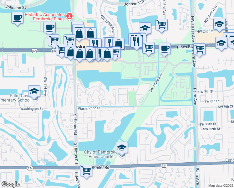 map of restaurants, bars, coffee shops, grocery stores, and more near 652 Southwest 107th Avenue in Pembroke Pines