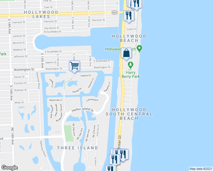 map of restaurants, bars, coffee shops, grocery stores, and more near 1400 Marina Drive in Hollywood