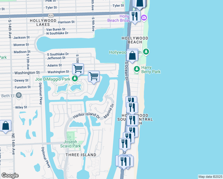map of restaurants, bars, coffee shops, grocery stores, and more near 1400 Marina Drive in Hollywood