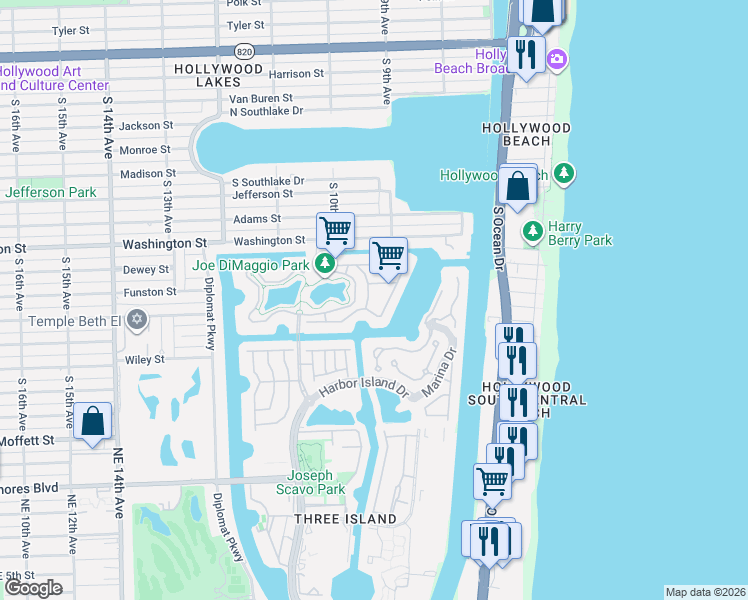 map of restaurants, bars, coffee shops, grocery stores, and more near 1230 Seagull Terrace in Hollywood