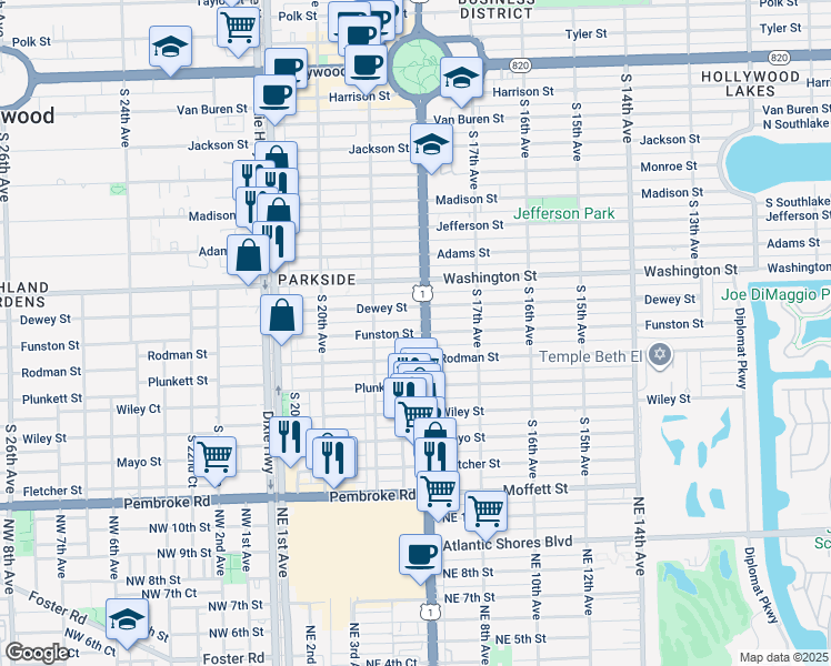 map of restaurants, bars, coffee shops, grocery stores, and more near 1817 Funston Street in Hollywood