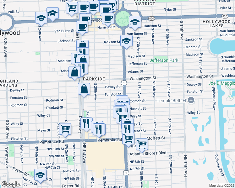 map of restaurants, bars, coffee shops, grocery stores, and more near 1817 Funston Street in Hollywood