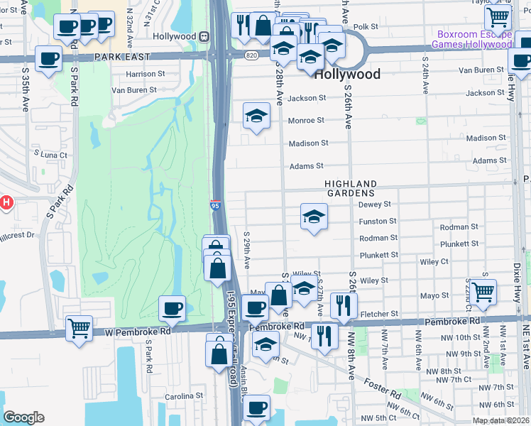 map of restaurants, bars, coffee shops, grocery stores, and more near 2848 Dewey Street in Hollywood
