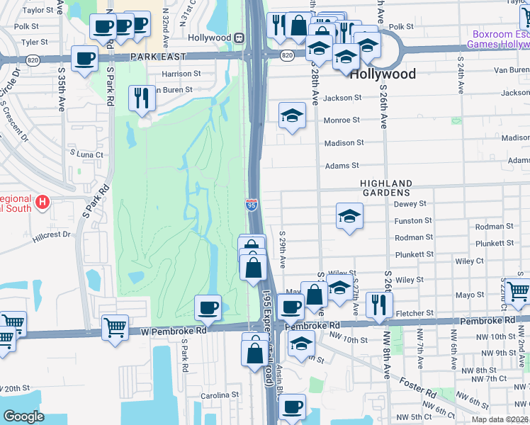 map of restaurants, bars, coffee shops, grocery stores, and more near 2916 Dewey Street in Hollywood