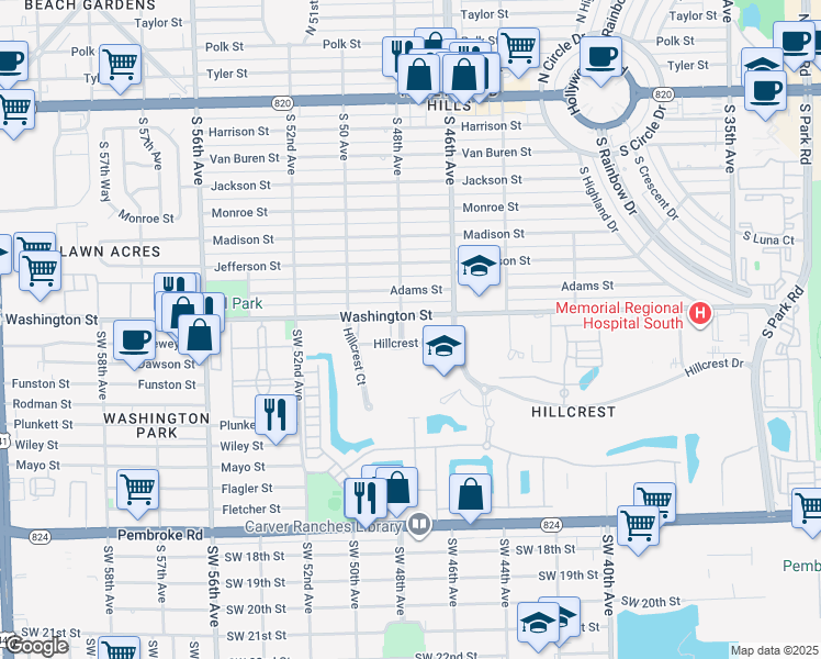 map of restaurants, bars, coffee shops, grocery stores, and more near 4802 Washington Street in Hollywood