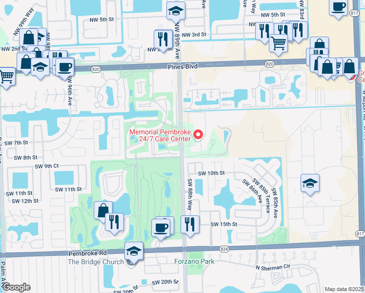 map of restaurants, bars, coffee shops, grocery stores, and more near 777 South Douglas Road in Pembroke Pines
