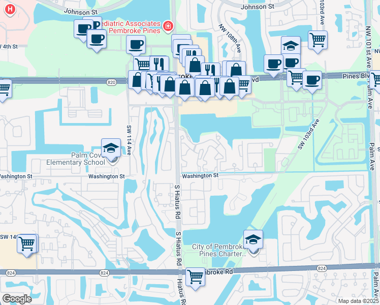 map of restaurants, bars, coffee shops, grocery stores, and more near 11133 Southwest 8th Street in Pembroke Pines