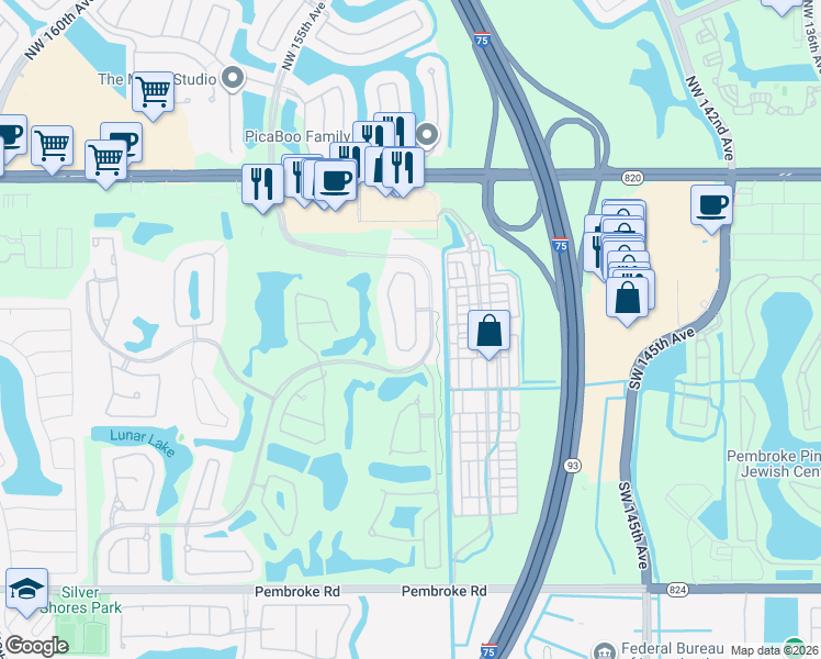 map of restaurants, bars, coffee shops, grocery stores, and more near 721 Cypress Pointe Drive West in Pembroke Pines