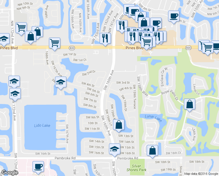 map of restaurants, bars, coffee shops, grocery stores, and more near 394 Southwest 159th Lane in Pembroke Pines