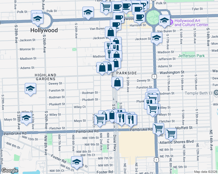 map of restaurants, bars, coffee shops, grocery stores, and more near 2106 Funston Street in Hollywood