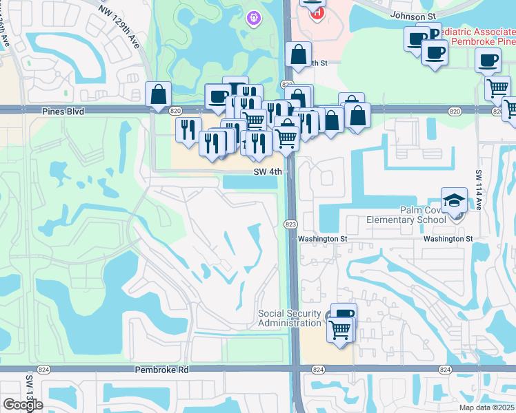 map of restaurants, bars, coffee shops, grocery stores, and more near 800 Southwest 125th Way in Pembroke Pines