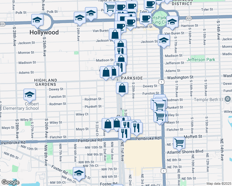 map of restaurants, bars, coffee shops, grocery stores, and more near 2106 Funston Street in Hollywood