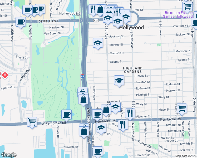 map of restaurants, bars, coffee shops, grocery stores, and more near 2848 Dewey Street in Hollywood