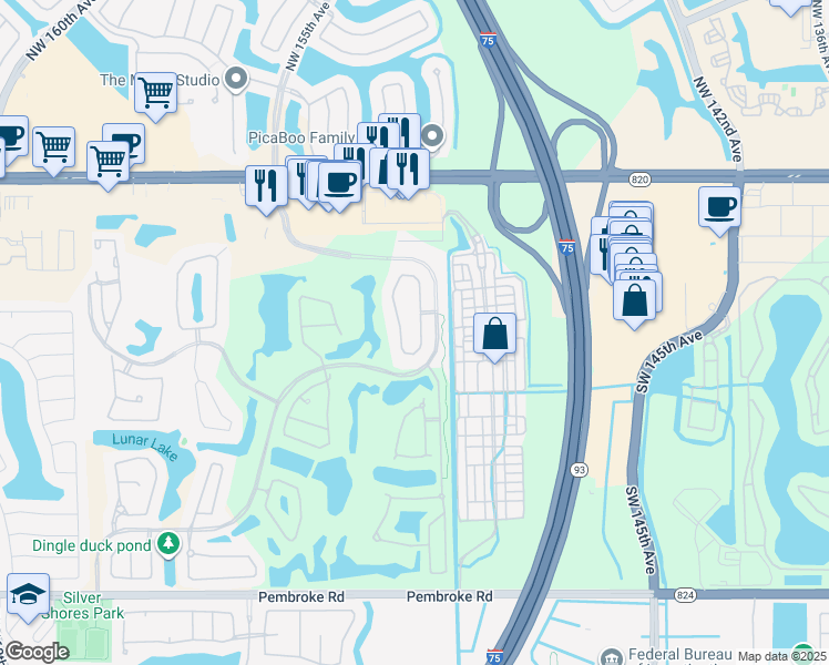 map of restaurants, bars, coffee shops, grocery stores, and more near 721 Cypress Pointe Drive West in Pembroke Pines