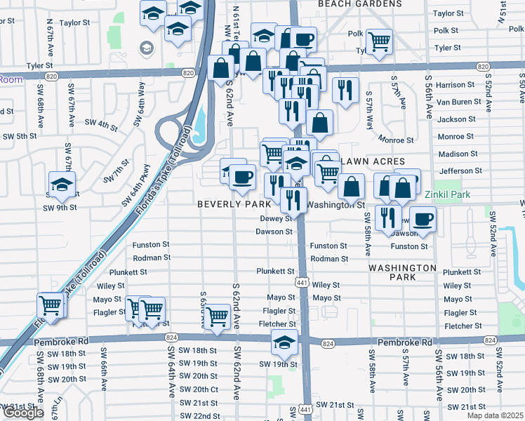 map of restaurants, bars, coffee shops, grocery stores, and more near 6100 Washington Street in Hollywood