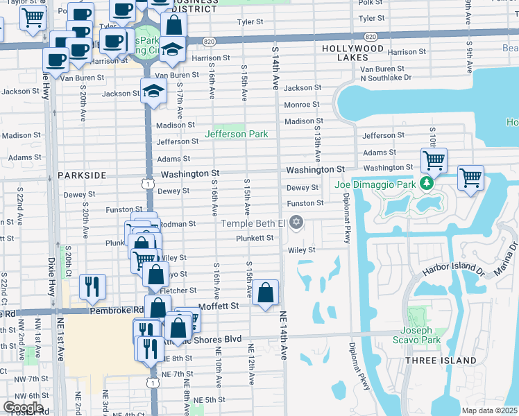 map of restaurants, bars, coffee shops, grocery stores, and more near 1436 Funston Street in Hollywood
