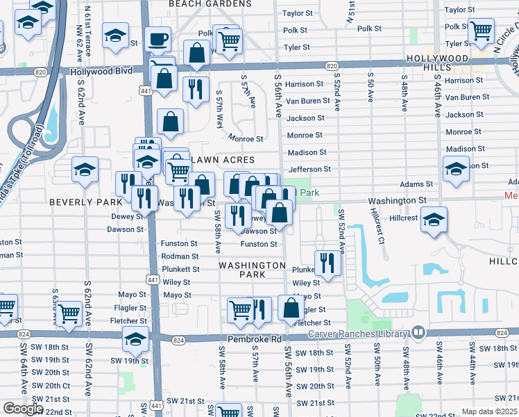 map of restaurants, bars, coffee shops, grocery stores, and more near 5688 Washington Street in Hollywood