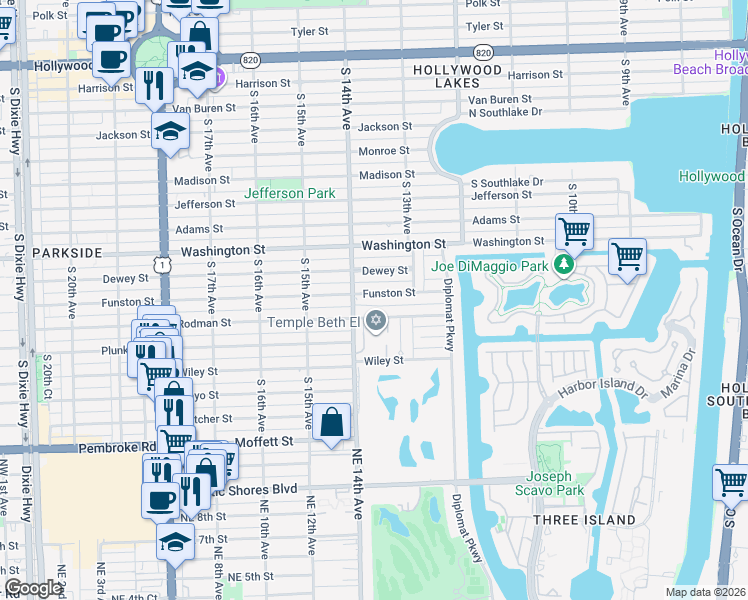 map of restaurants, bars, coffee shops, grocery stores, and more near 1336 Funston Street in Hollywood