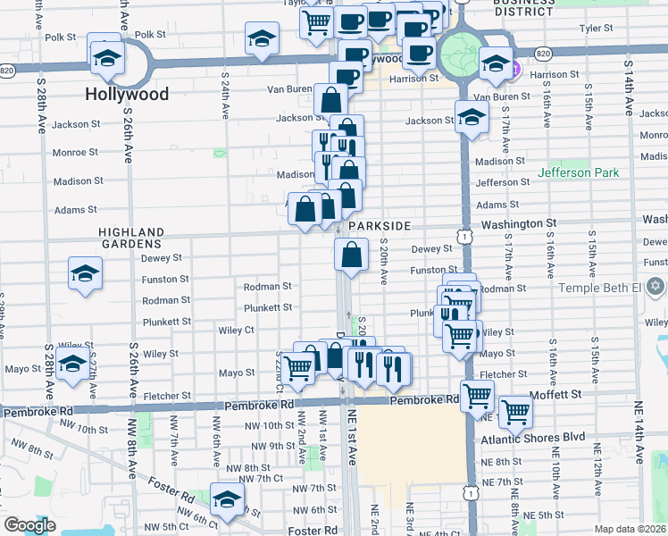 map of restaurants, bars, coffee shops, grocery stores, and more near 2106 Funston Street in Hollywood