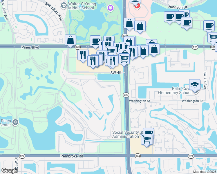 map of restaurants, bars, coffee shops, grocery stores, and more near 800 Southwest 125th Way in Pembroke Pines