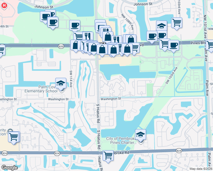 map of restaurants, bars, coffee shops, grocery stores, and more near 11100 Southwest 6th Street in Pembroke Pines