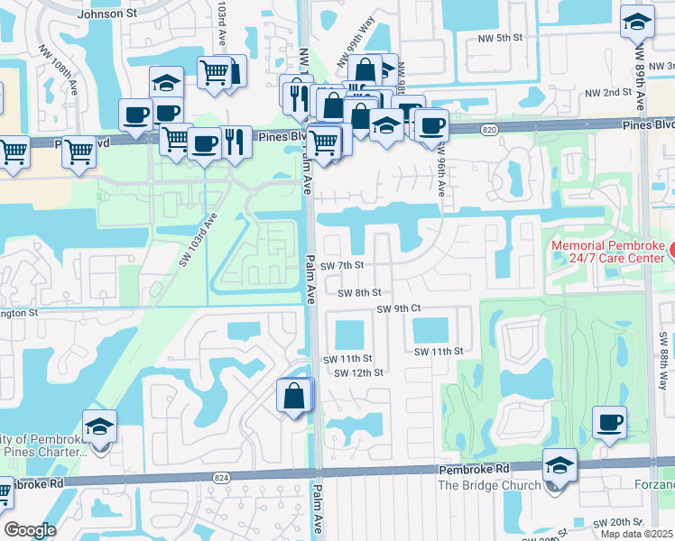 map of restaurants, bars, coffee shops, grocery stores, and more near 10001 Southwest 7th Court in Pembroke Pines