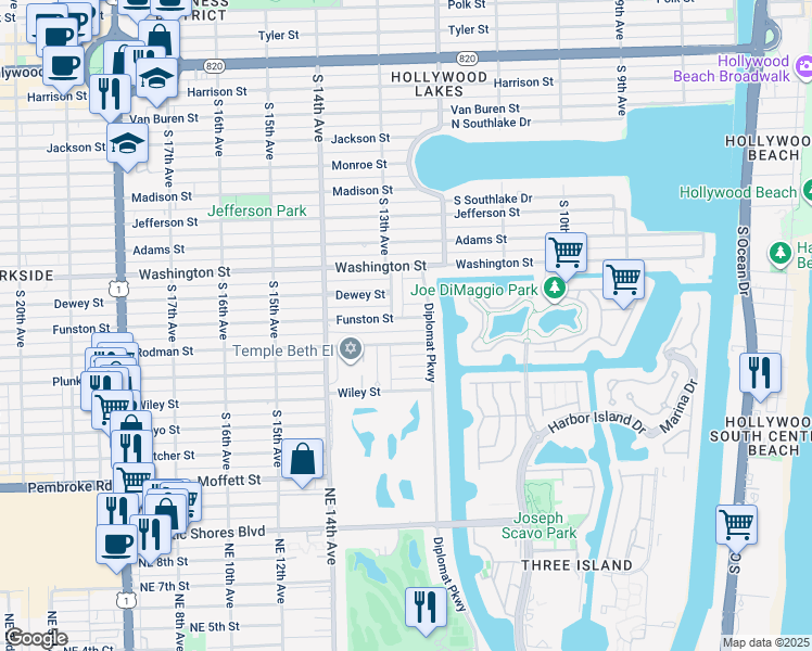 map of restaurants, bars, coffee shops, grocery stores, and more near 1242 Funston Street in Hollywood