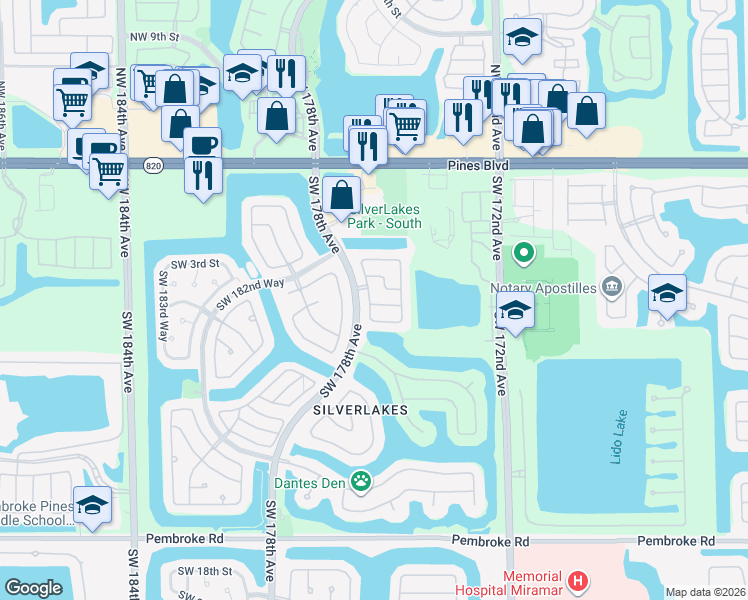 map of restaurants, bars, coffee shops, grocery stores, and more near 17685 Southwest 6th Street in Pembroke Pines