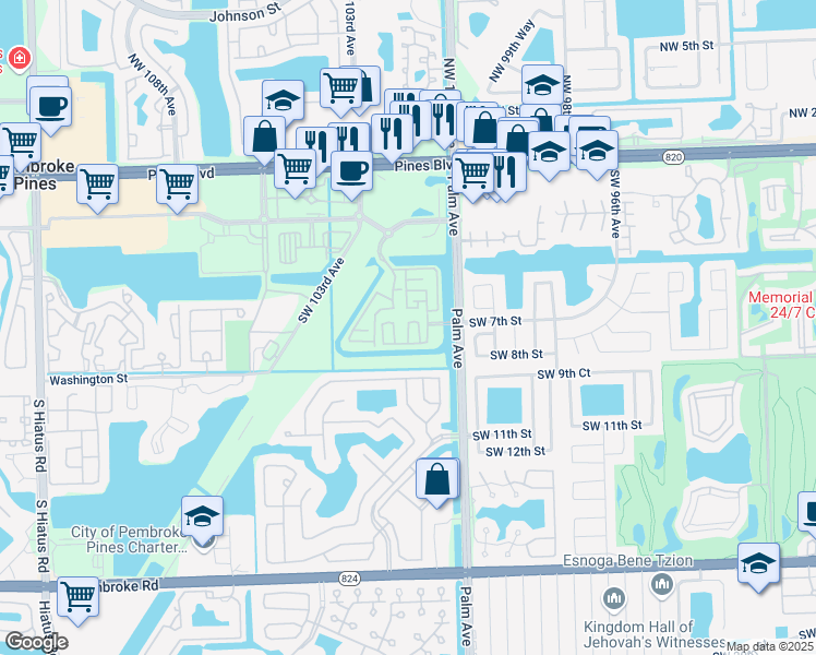 map of restaurants, bars, coffee shops, grocery stores, and more near 736 Southwest 102nd Way in Pembroke Pines