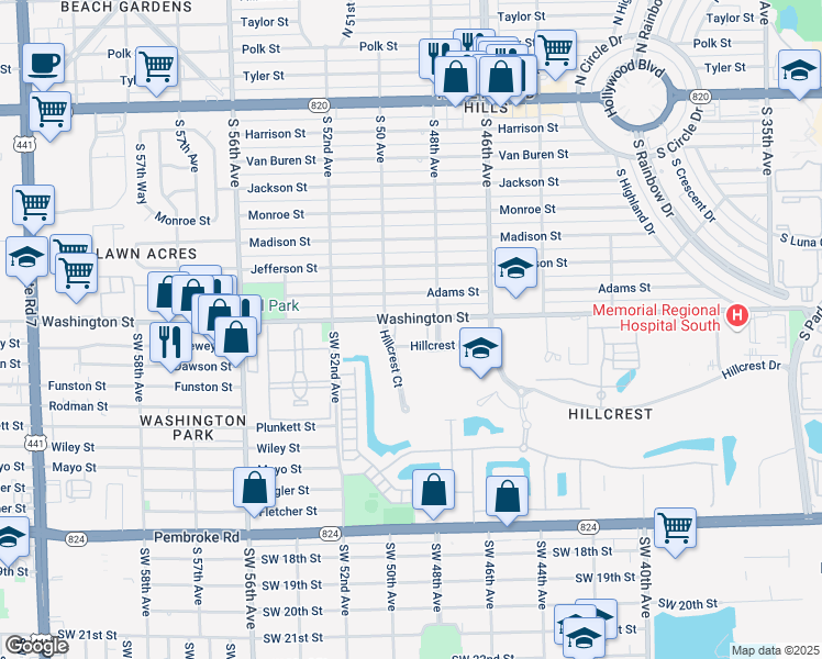 map of restaurants, bars, coffee shops, grocery stores, and more near 911 Hillcrest Court in Hollywood