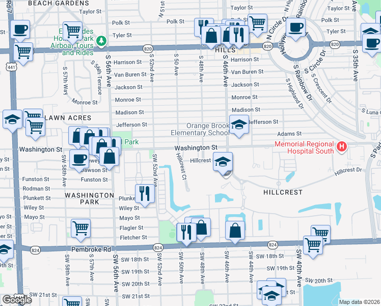 map of restaurants, bars, coffee shops, grocery stores, and more near 4802 Washington Street in Hollywood