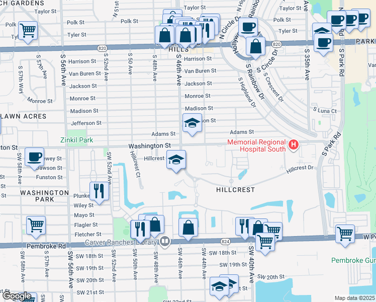 map of restaurants, bars, coffee shops, grocery stores, and more near 901 Hillcrest Drive in Hollywood