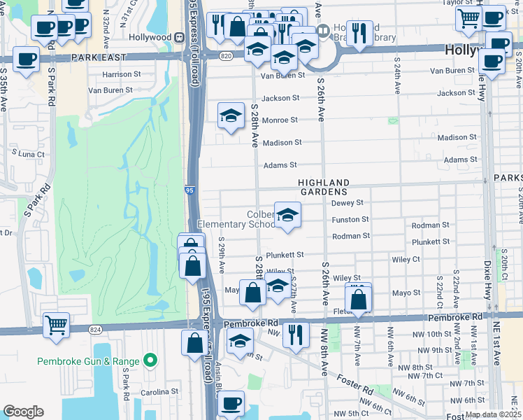 map of restaurants, bars, coffee shops, grocery stores, and more near 1001 South 28th Avenue in Hollywood