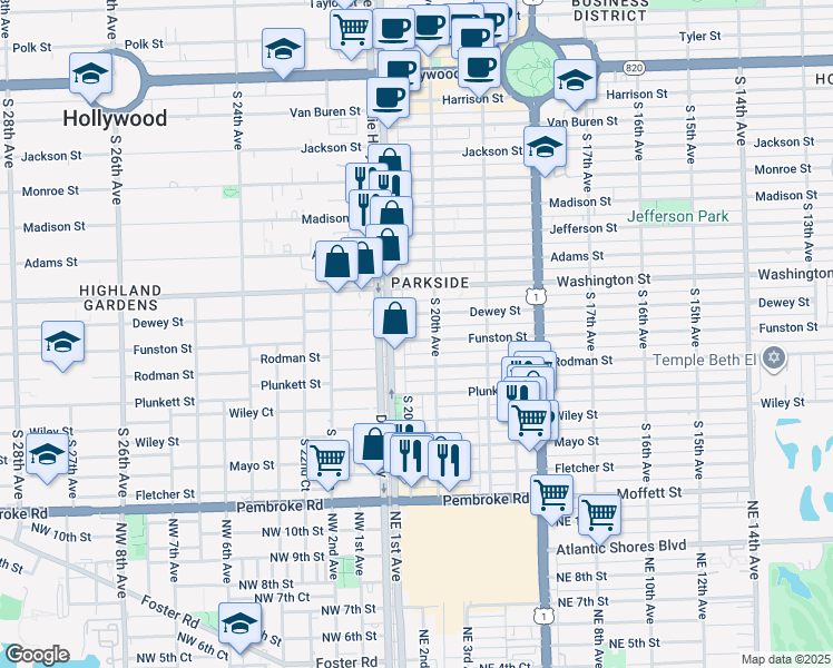 map of restaurants, bars, coffee shops, grocery stores, and more near 2029 Funston Street in Hollywood