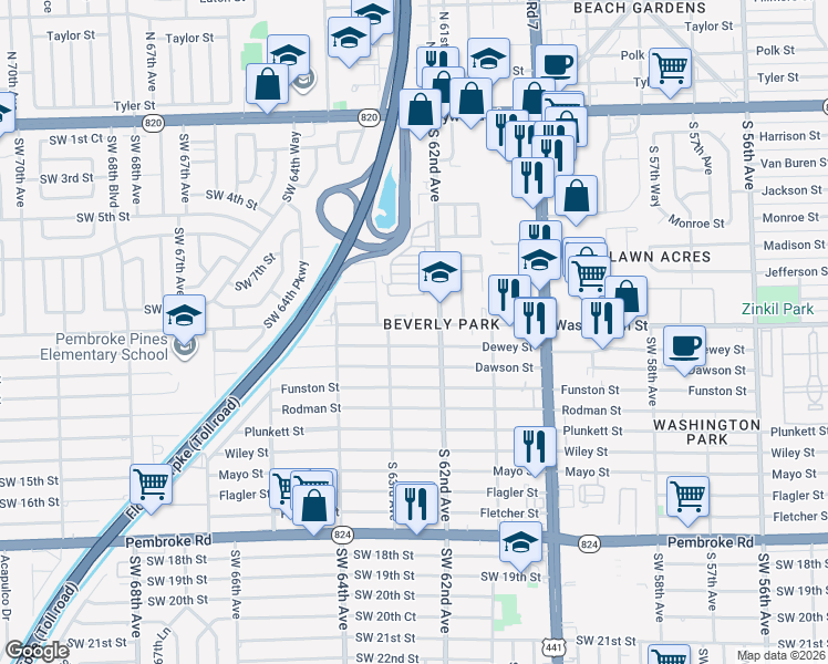 map of restaurants, bars, coffee shops, grocery stores, and more near 6224 Washington Street in Hollywood