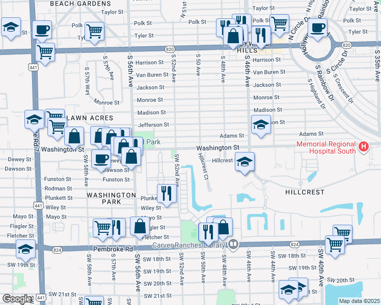 map of restaurants, bars, coffee shops, grocery stores, and more near 5100 Washington Street in Hollywood