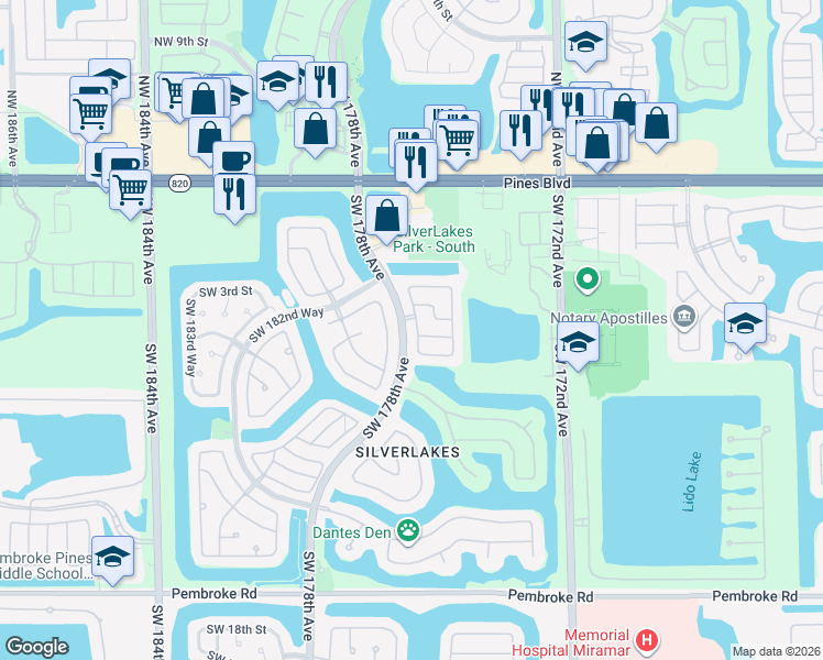 map of restaurants, bars, coffee shops, grocery stores, and more near 564 Southwest 177th Avenue in Pembroke Pines