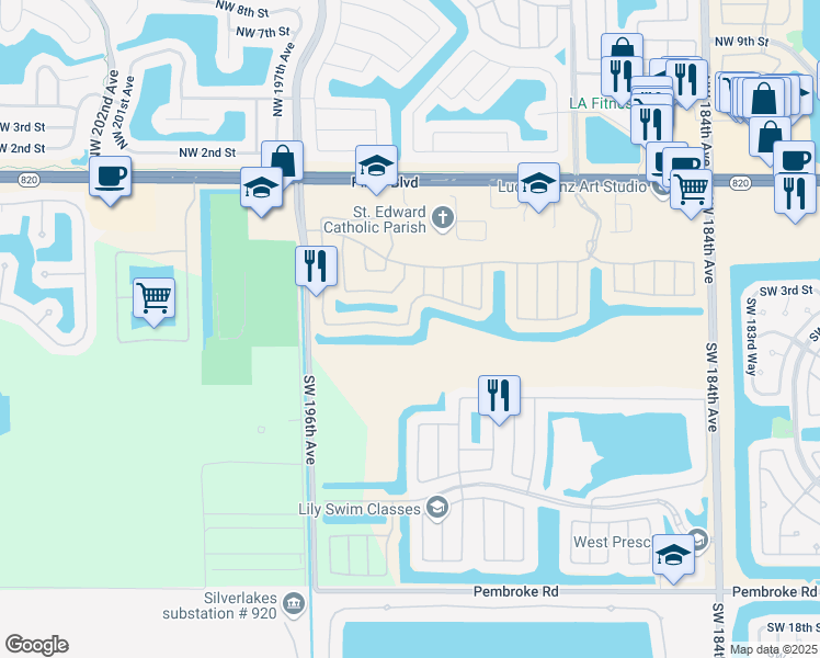 map of restaurants, bars, coffee shops, grocery stores, and more near 19106 Southwest 5th Street in Pembroke Pines