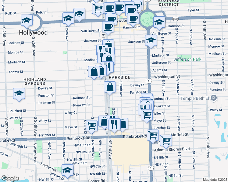 map of restaurants, bars, coffee shops, grocery stores, and more near 2029 Funston Street in Hollywood
