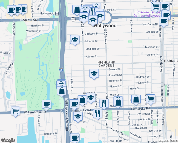 map of restaurants, bars, coffee shops, grocery stores, and more near 2720 Dewey Street in Hollywood