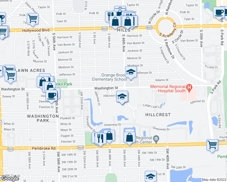 map of restaurants, bars, coffee shops, grocery stores, and more near 4802 Washington Street in Hollywood